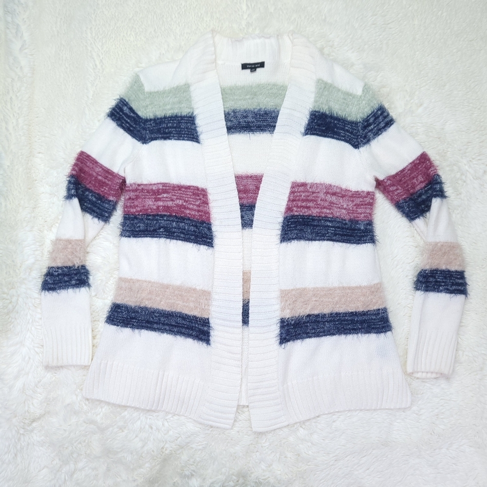 Verve Ami White Cardigan with Colorful Fuzzy Stripes Size M